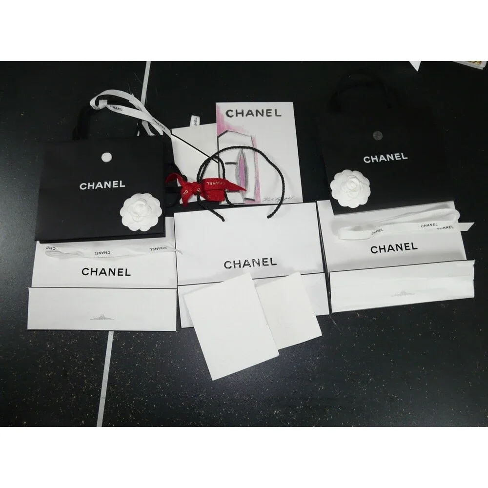 CHANEL Gift Shopping Bag Lot of 5 w/ Ribbon Rose Card Envelope White & Black